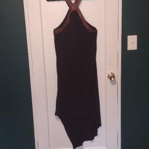Asymmetrical Black Dress with Faux Leather Neck Size L
